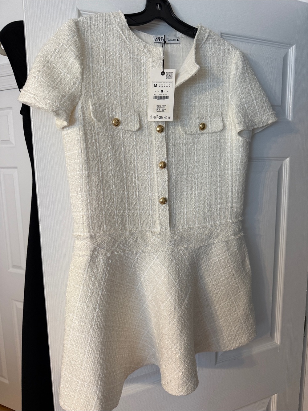 Zara White Tweed Short-Sleeve Dress with Gold Buttons